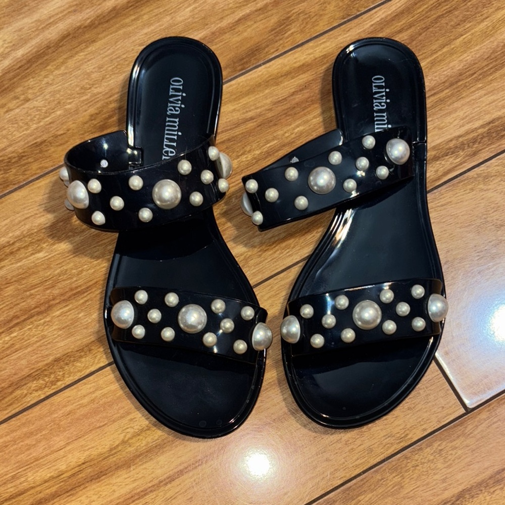 Olivia Miller Black Pearl-Embellished Women's Sandals